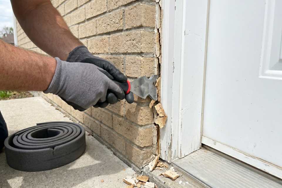 Professional caulking contractor hands stripping away old brittle sealant next to a foam backer rod on a brick home in Burlington Ontario.