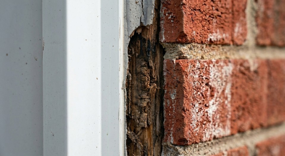 Close-up field photograph looking into an opened perimeter gap between white garage door trim cladding and a traditional red brick facade, revealing water-stained wood framing underneath.