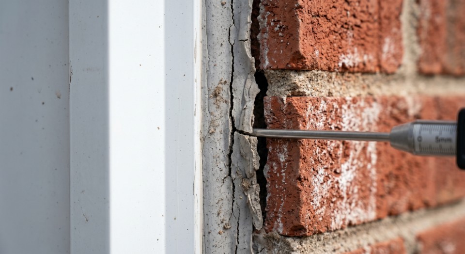 Macro close-up of a metal diagnostic depth gauge probing a cracked, brittle grey caulking seam that has completely pulled away from a red brick wall facade.