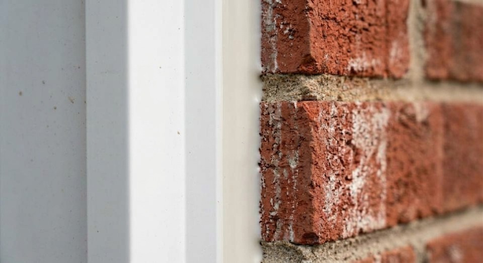 Macro close-up view of a pristine, freshly tooled concave grey silicone caulking joint sealing the edge of an exterior white garage door frame trim against a traditional red brick masonry wall.