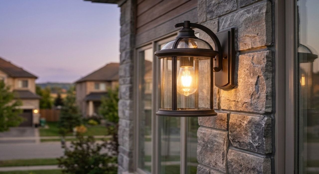 Macro close-up 4:3 view of a premium dark bronze outdoor light sconce flawlessly sealed against a residential beige brick wall face with a tooled grey silicone bead.