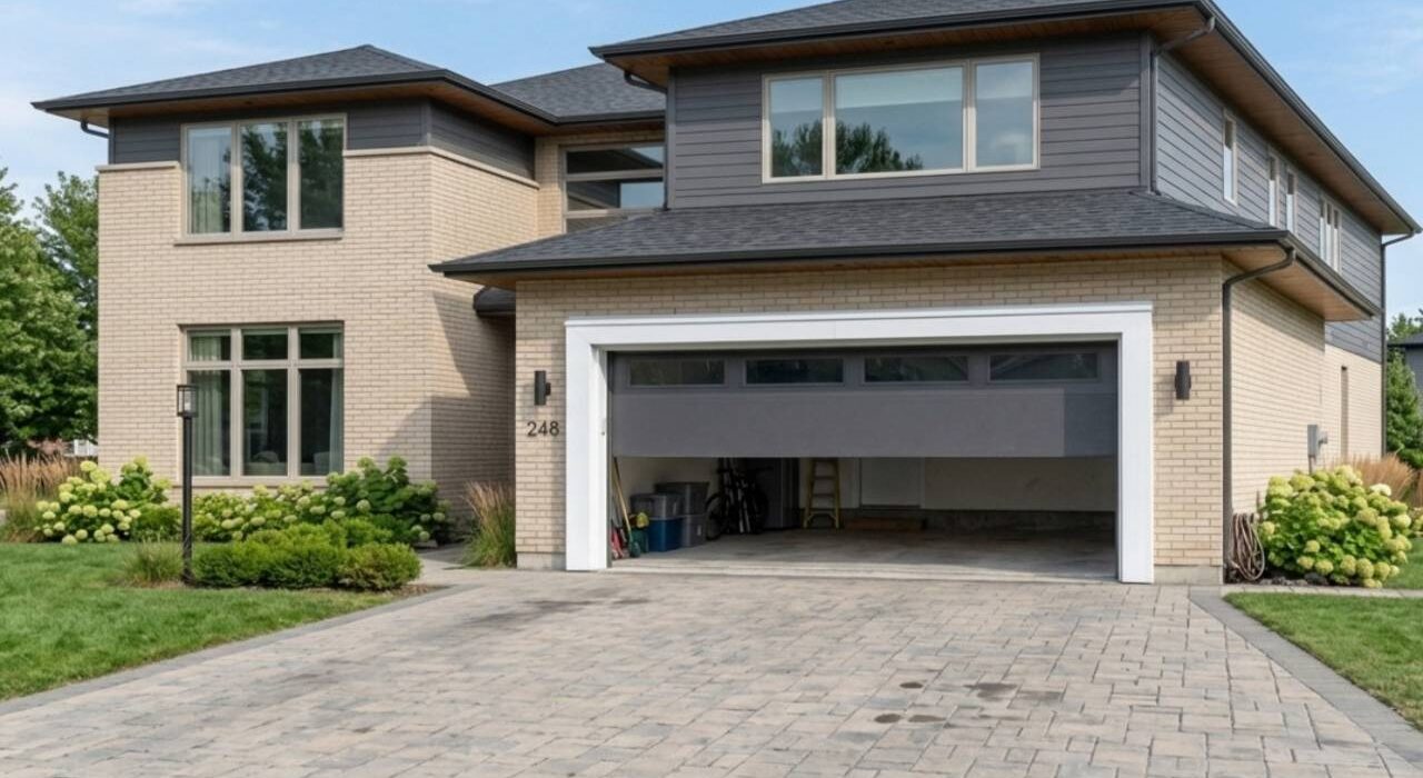 Wide-angle full exterior view of a custom two-story modern residential home featuring light beige brick masonry, dark grey siding, and a premium charcoal grey sectional garage door cleanly sealed against weather damage.