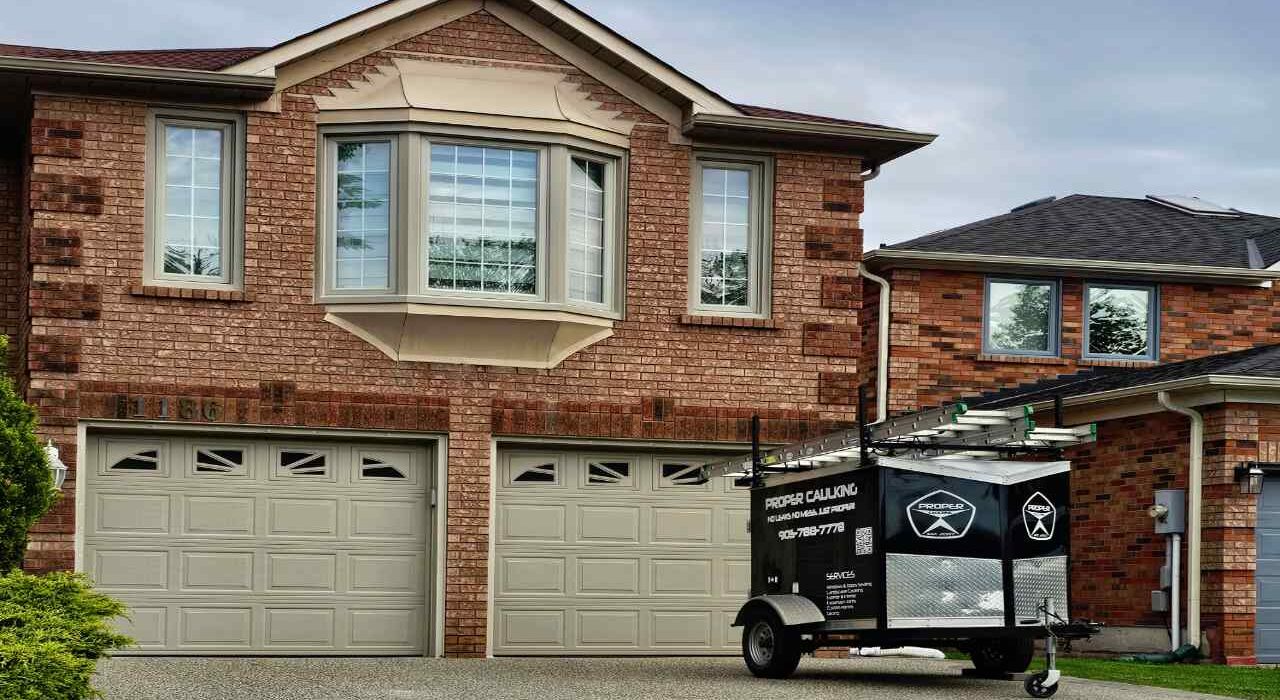Front view of a two-story brick home with a branded Proper Caulking service trailer parked in the driveway during a residential window sealing project.