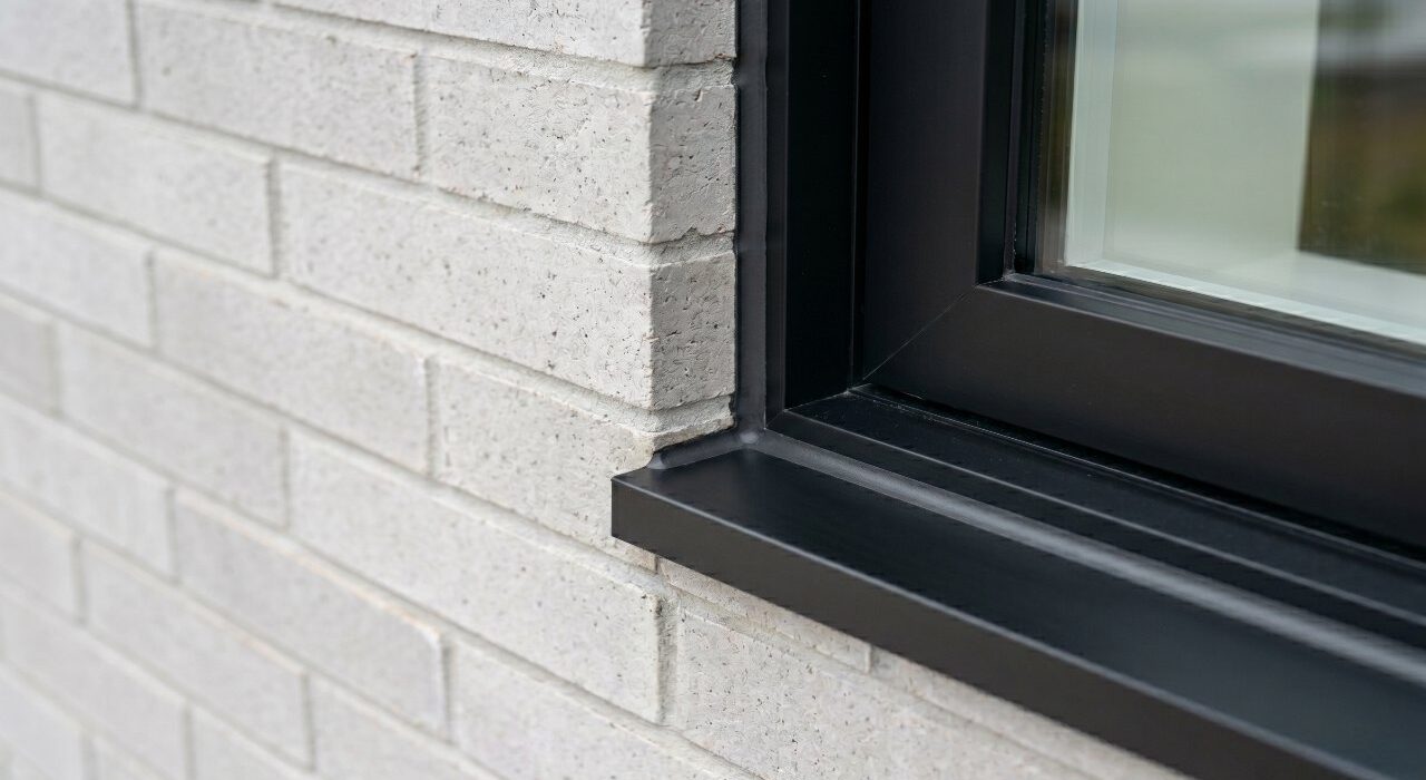 A crisp, professionally dry-tooled dark charcoal sealant joint applied smoothly between light grey brick masonry and a matte black aluminum window frame casing on a modern residential home.