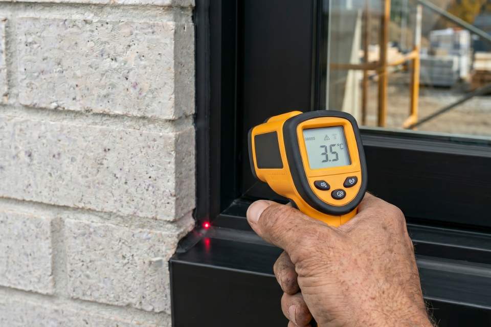 A contractor uses a yellow digital infrared thermometer gun to verify the surface temperature of a black aluminum window sill casing against light grey brick masonry on a late autumn residential job site.