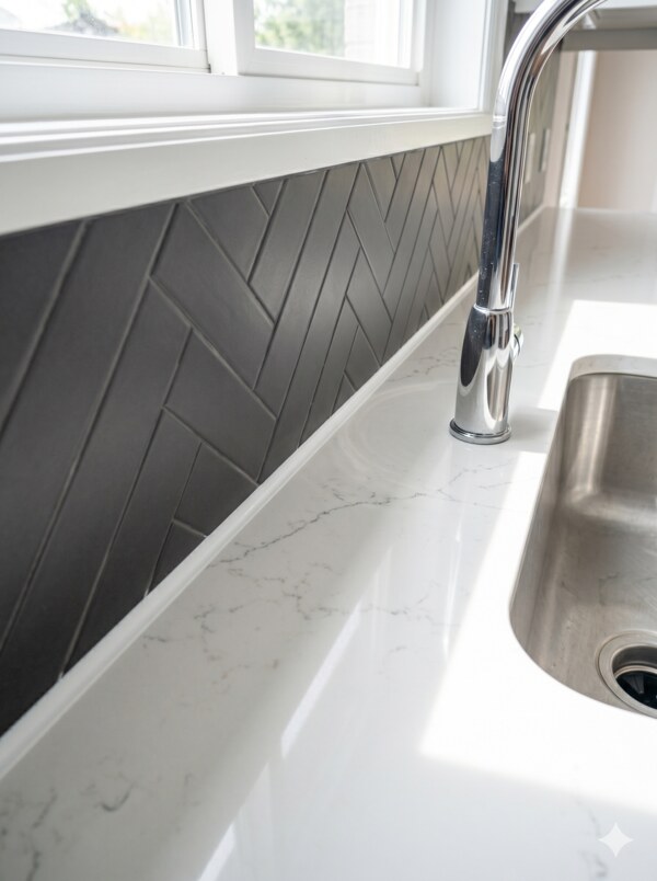  A vertical side-angle close-up view of a kitchen counter showing a white silicone caulk line sealing a white quartz countertop to a dark charcoal herringbone tile backsplash. 