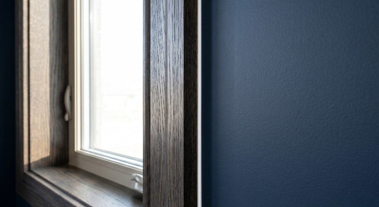 A close-up landscape view of a completed interior window sealing job showing a crisp white sealant bead contrasting against dark oak casing and a navy wall.