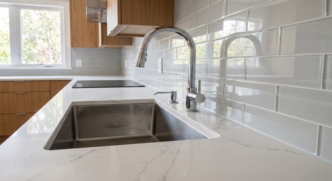 A close-up view of a high-end kitchen island showing an undermount stainless steel sink, white quartz countertop, and glossy light-grey glass subway tile backsplash.