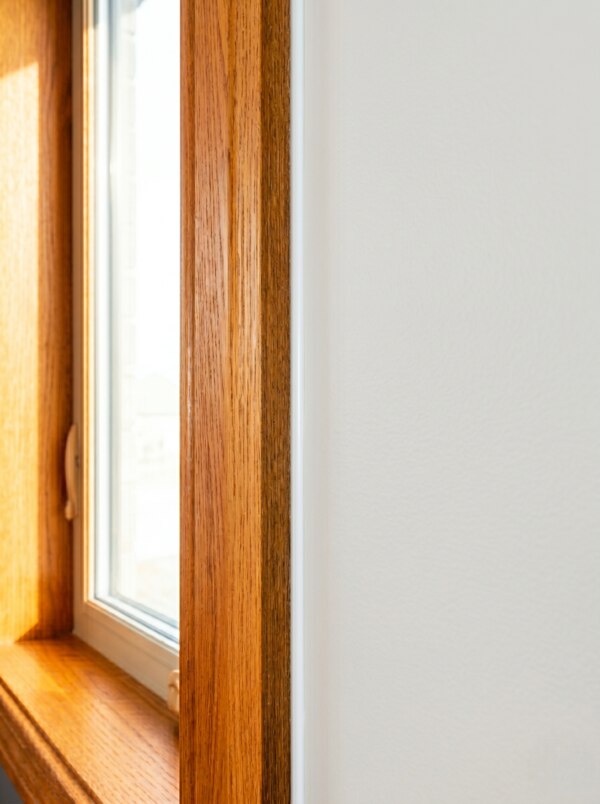 A vertical close-up view of a white wall showing a completed interior window sealing job with a flawless thin white sealant bead along a golden oak trim joint.
