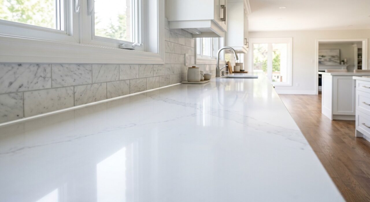 A wide close-up landscape view of a completed kitchen backsplash sealing job showing a flawless white silicone bead along a quartz countertop joint.