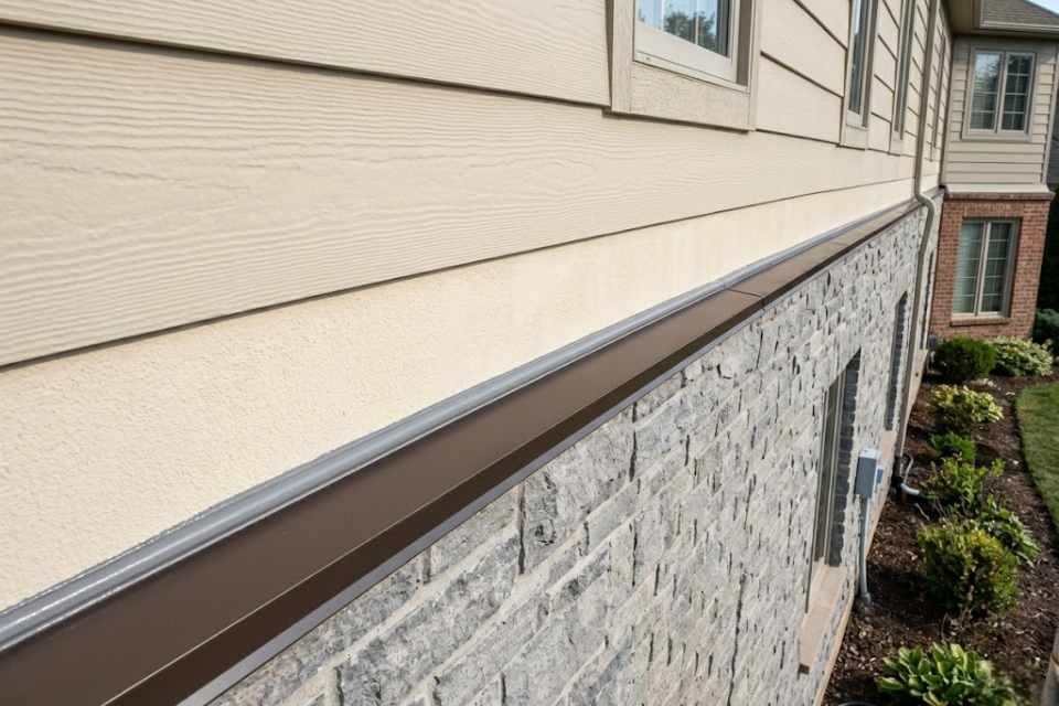 A wide 45-degree field photograph looking down a completed horizontal water table transition showing a flawless grey sealant bead bonding a bronze metal drip cap flashing to stucco and a stone wall.