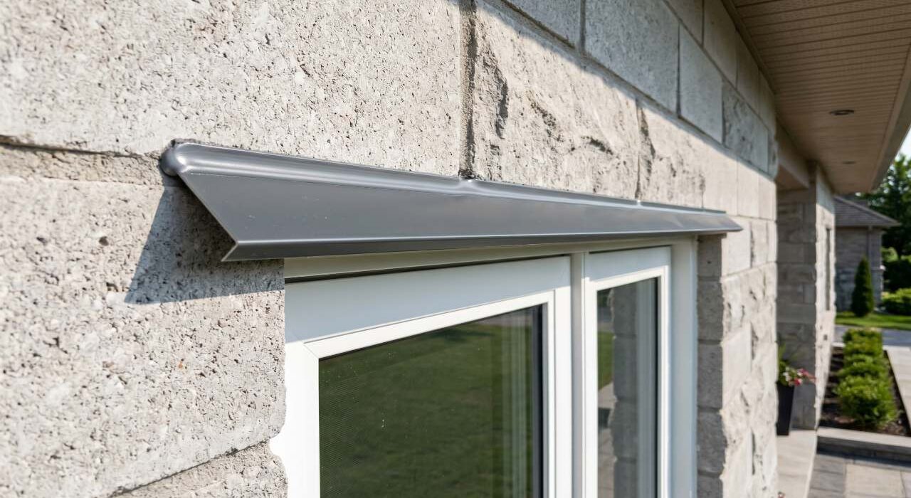A wide close-up landscape view of a completed window flashing caulking job showing a flawless horizontal sealant bead on a metal drip cap above a white vinyl frame.