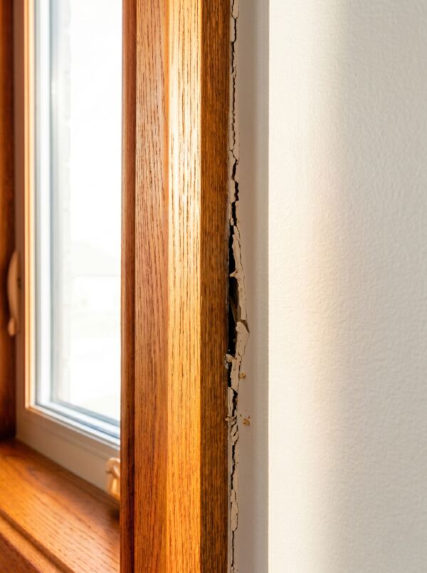 A vertical close-up view of an interior wall showing failed, cracked builder caulking splitting open along a golden oak window trim joint.