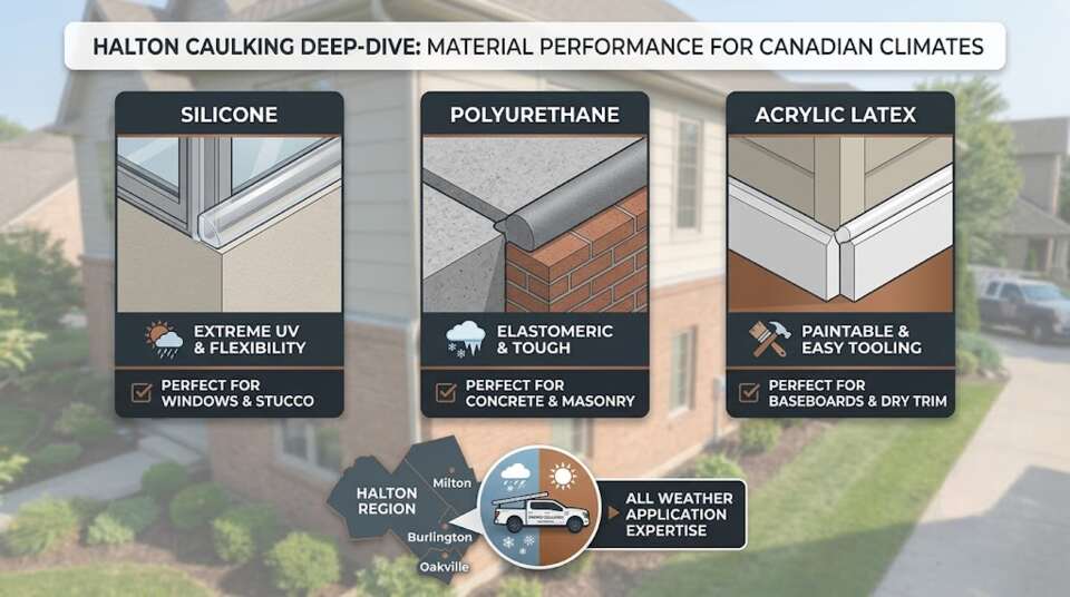 An educational infographic comparing Silicone, Polyurethane, and Acrylic Latex caulking performance for Canadian climates, featuring a Halton Region map for Milton, Burlington, and Oakville.