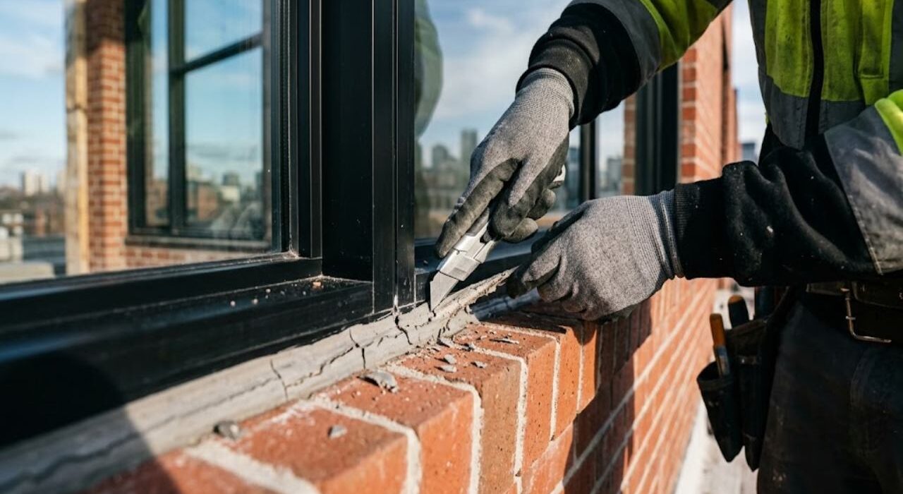 A professional technician using a utility knife to slice relief cuts into a cracked, weathered exterior caulking bead along a brick and black aluminum frame transition.