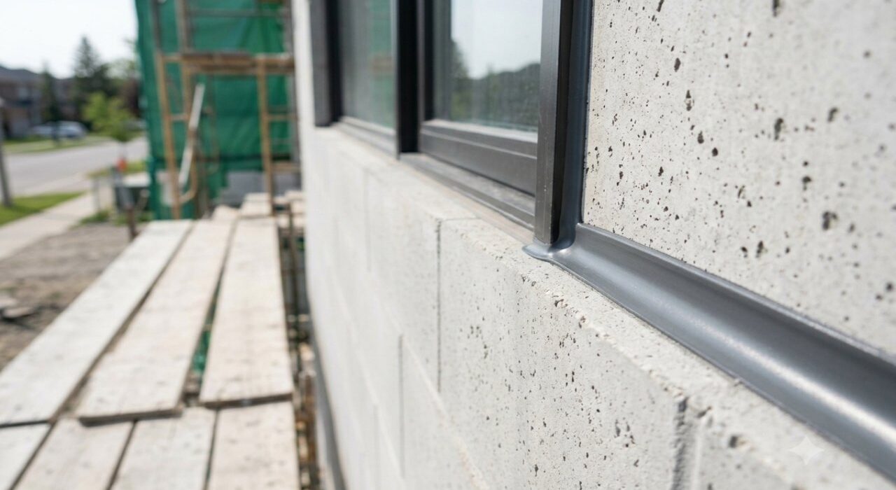 A professional caulking technician dry tooling a grey polyurethane sealant joint to smooth it without using soapy water on a concrete masonry building wall.