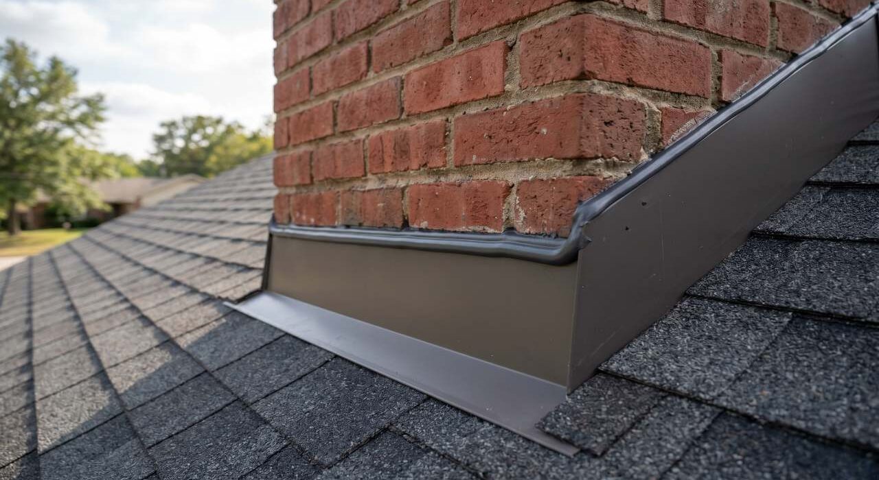 A close-up view of a completed exterior chimney caulking job showing a flawless dark grey polymer bead sealing a bronze metal counter-flashing track to a red brick chimney stack on an asphalt shingle roof.
