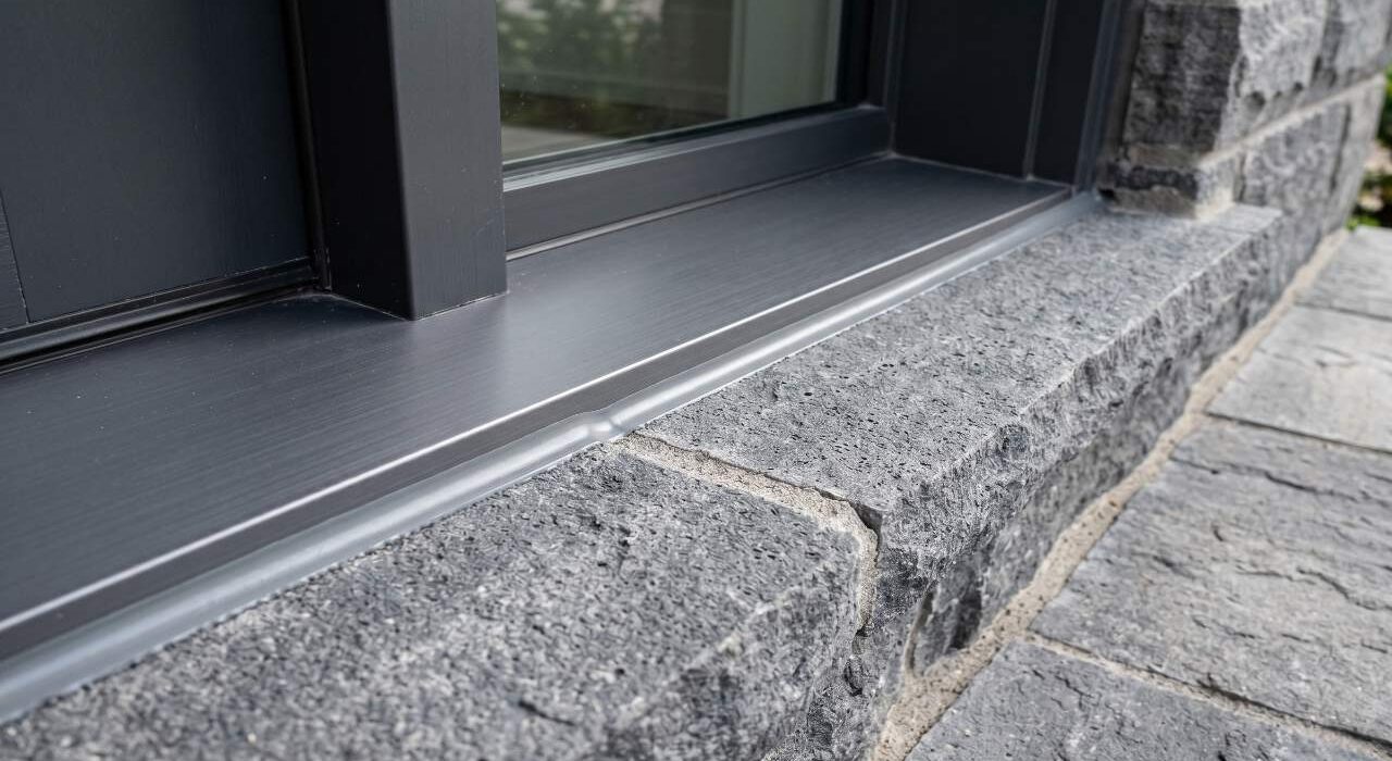 Looking down at a completed exterior door threshold caulking job showing a flawless gray polyurethane bead sealing a charcoal metal sill to a residential stone porch slab.