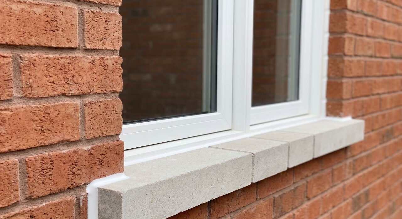 A close-up view of a completed window caulking job on a Milton home showing a flawless white sealant bead bonding a vinyl frame to a red clay brick wall and a segmented stone sill.