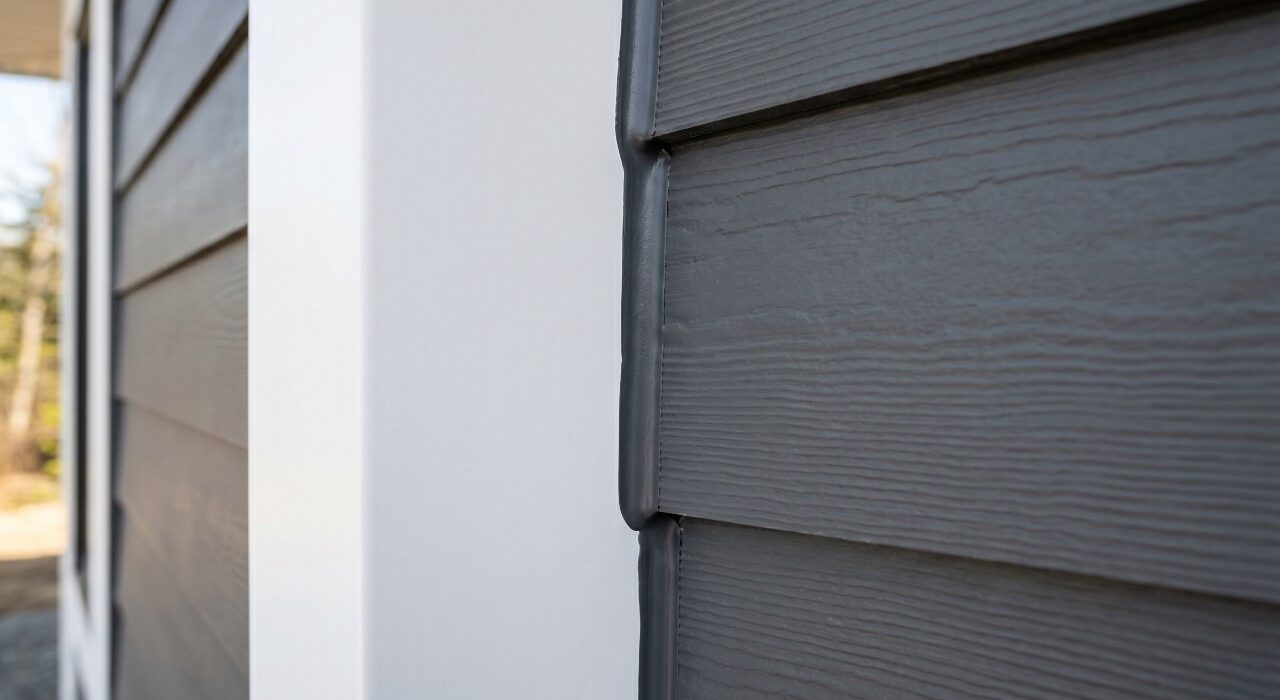 A close-up view of a completed siding and trim caulking job showing a flawless charcoal polymer bead sealing dark grey fibre cement siding planks to a white vertical corner trim board.