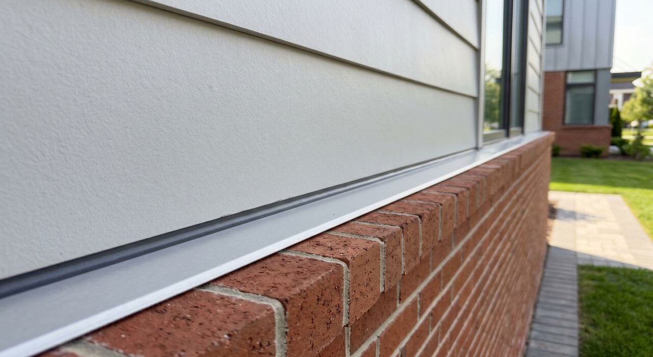 A close-up view of a completed water table flashing caulking job showing a flawless dark grey polyurethane bead sealing a metal drip cap flashing to a red brick masonry ledge.