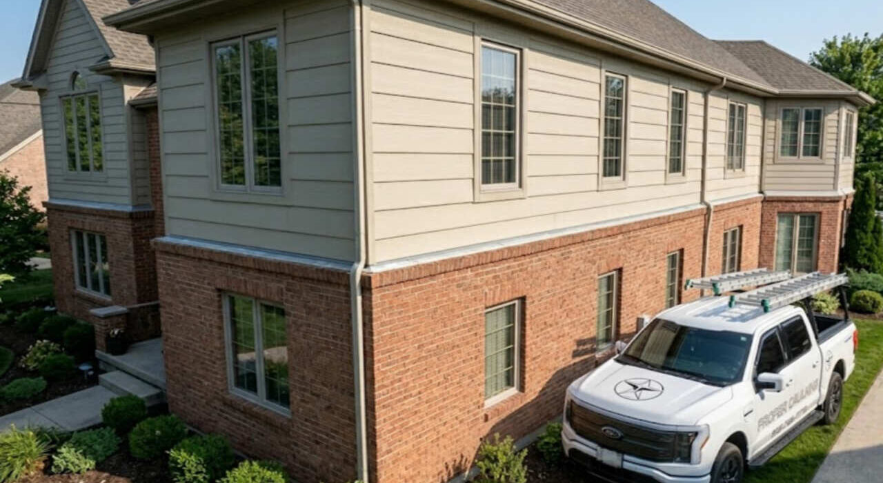 A white Proper Caulking service truck equipped with ladders, parked outside a modern home in the Halton Region during an exterior weathersealing project serving Burlington, Oakville, and Milton.