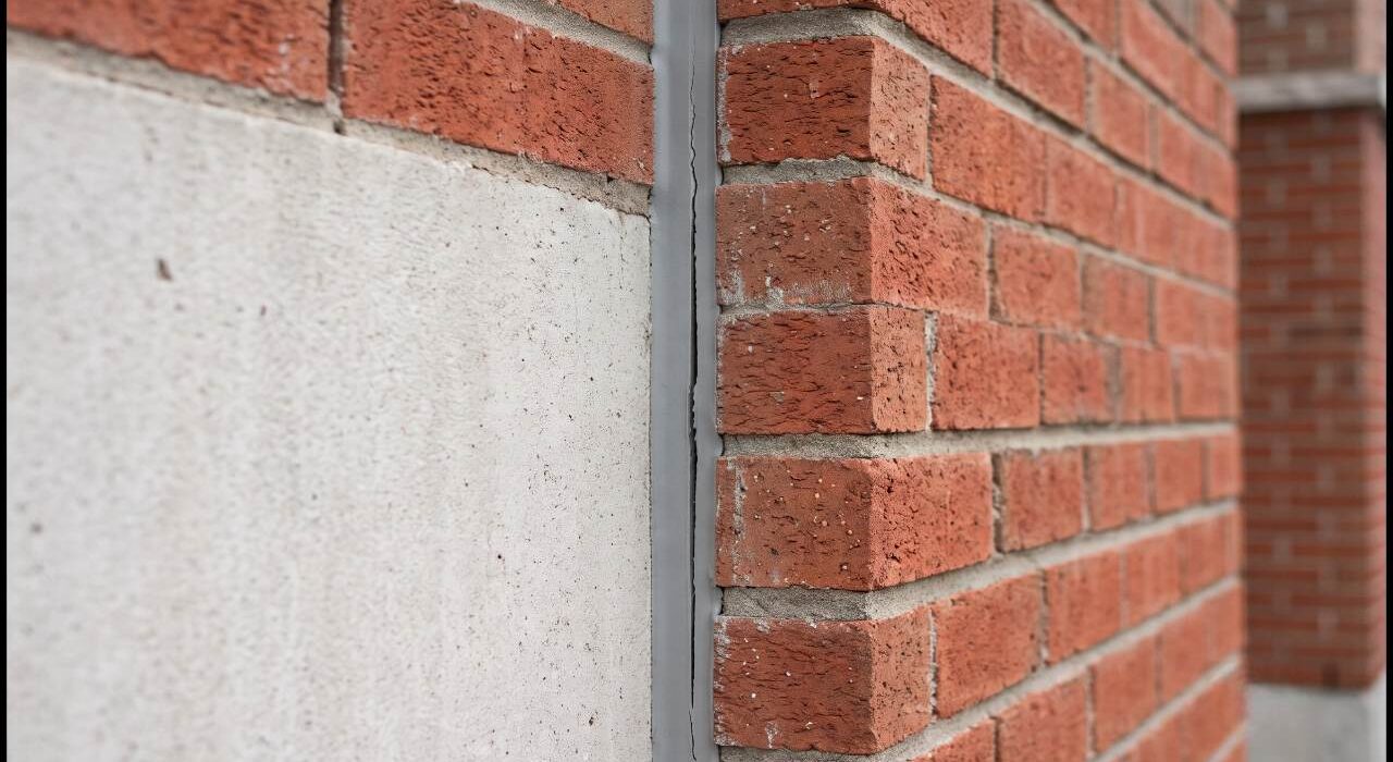 A realistic, thin 15mm vertical masonry joint showing a deeply recessed grey polyurethane sealant bead split by a cohesive centerline tear from three sided adhesion failure.