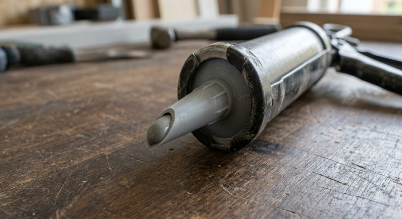 A high-realism view of a manual caulking gun on a wooden workbench showing a plastic tube tip cut at a 45-degree angle with a small grey caulk bead at the opening.